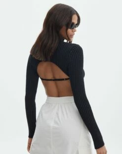 Cropped High Neck Backless Long Sleeve Knit Top 24 Cropped High Neck Backless Long Sleeve Knit Top -Glassons Store bearman backless funnel top black back kl111146knt