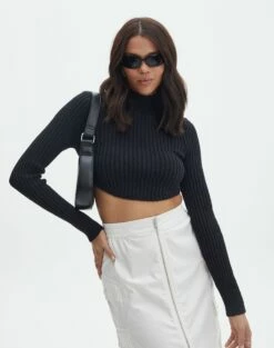 Cropped High Neck Backless Long Sleeve Knit Top