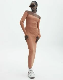 Ribbed Off Shoulder Long Sleeve Maxi Dress 28 Ribbed Off Shoulder Long Sleeve Maxi Dress -Glassons Store boston bardot knit dress slice of cake full kd109828rib