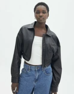 Cropped Faux Leather Bomber Jacket