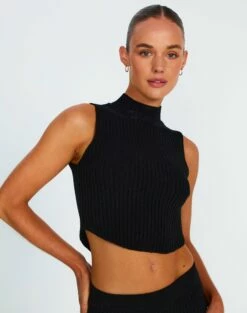 High Neck Curve Hem Knit Tank Top