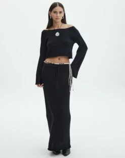 Off Shoulder Flare Long Sleeve Knit -Glassons Store co lardee knit tie waist maxi black front sl47099knt 1