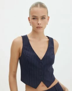 Pinstripe Button Up Shirt -Glassons Store co loretta waistcoat navy pinstripe front bv65137pin