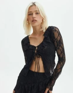 Tiered Asymmetric Lace Mini Skirt 33 Tiered Asymmetric Lace Mini Skirt -Glassons Store co lotus lace cardigan black front tc120746lac
