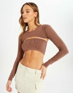 Ribbed Knit Long Sleeve Shrug -Glassons Store co midas shrug shiitake detail kl54070cre