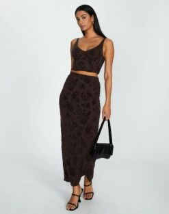 Burnout Mesh Lettuce Trim Midi Skirt