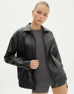 Double Pocket Oversized Faux Leather Shacket -Glassons Store elroy 80s pu jacket black front jw52713pu 13