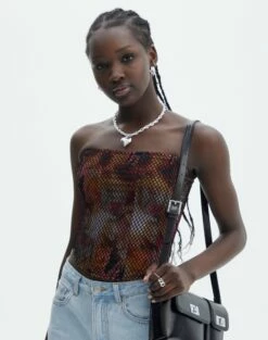 Floral Print Mesh Lettuce Trim Cropped Cami -Glassons Store freya fishnet corset fuschia clash front tv104708fcc 1