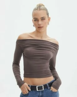 Ruched Off The Shoulder Top 32 Ruched Off The Shoulder Top -Glassons Store genie ruched off the shoulder top irish coffee front tl124186vis