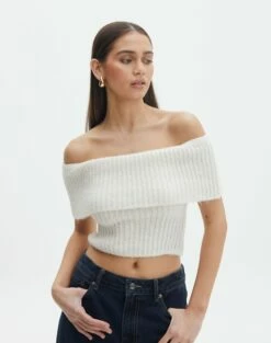 Foldover Off Shoulder Cropped Knit