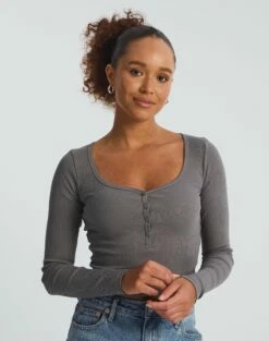 Long Sleeve Button Scoop Neck Top