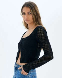 Crochet Split Front Hook Eye Top -Glassons Store kory knit keyhole top black detail kc80507cro