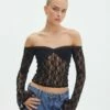 Off Shoulder Lace Long Sleeve Top -Glassons Store lexi longsleeve lace top black front tl116985lac