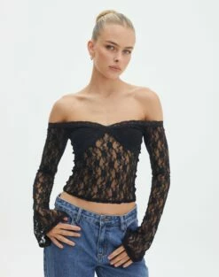 Off Shoulder Lace Long Sleeve Top