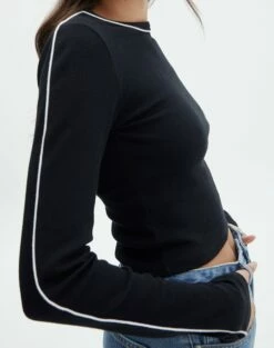 Contrast Stitch Long Sleeve Top -Glassons Store mac contrast bind top blackwhite imageback tl54279rib