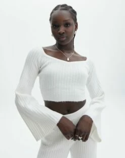 Off Shoulder Long Sleeve Cropped Knit