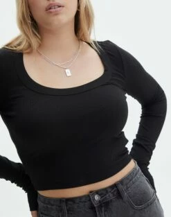 Scoop Neck Long Sleeve Crop Top -Glassons Store mylie wide rib scoop black imageback tl111290vis