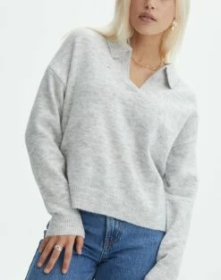 Long Sleeve Collared Knit -Glassons Store obisanya open neck pale grey marle imageback kl78685rpol