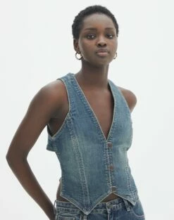 Denim V Neck Waistcoat -Glassons Store omar open back wasitcoat coyote blue front bv129462dnm