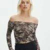 Ruched Print Mesh Off The Shoulder Top