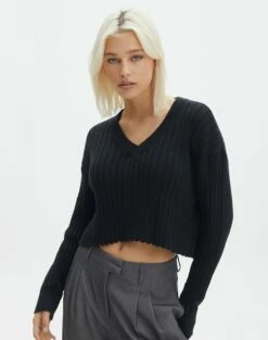 V-Neck Drop Shoulder Knit Jumper 28 V-Neck Drop Shoulder Knit Jumper -Glassons Store paige preppy v neck black front kl90519oca 1