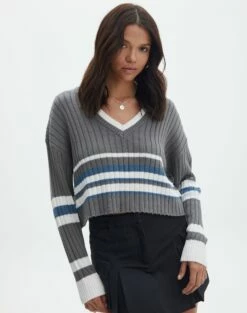 V-Neck Drop Shoulder Varsity Knit Jumper