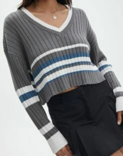 V-Neck Drop Shoulder Varsity Knit Jumper -Glassons Store paige preppy v neck coal stripe imageback kl90519ostp