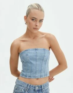 Denim Panelled Strapless Corset