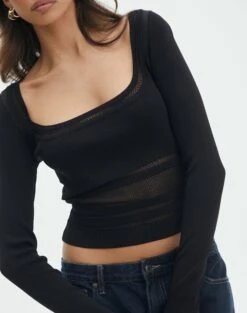 Panelled Knit Long Sleeve Top -Glassons Store pinny panelled longsleeve black imageback kl114624vn