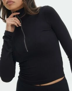 Luxe Lounge Modal Quarter Zip Front Long Sleeve Top -Glassons Store quinn quarter zip top black imageback tl93138mod