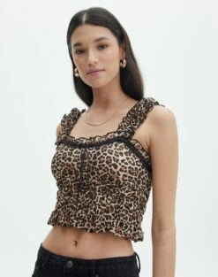 Print Ruffle Long Sleeve Blouse -Glassons Store r leah lace trim blouse blurred leo front bv110648rbll