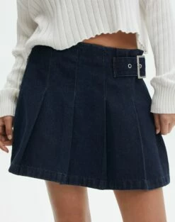 Denim Mini Pleat Buckle Skirt -Glassons Store r polly pleat buckle skirt last rodeo indigo detail ss123550rdnm
