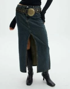 Denim Midi Front Split Skirt -Glassons Store r rita denim midi hemmed skirt darjeeling full sl55242rden