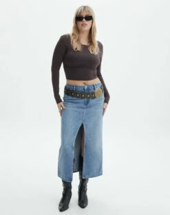 Split Front Denim Midi Skirt 24 Split Front Denim Midi Skirt -Glassons Store r roah denim maxi skirt riley vintage wash detail sl118486rdnm