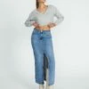 Split Front Denim Midi Skirt -Glassons Store r roah denim maxi skirt riley vintage wash front sl118486rdnm 2