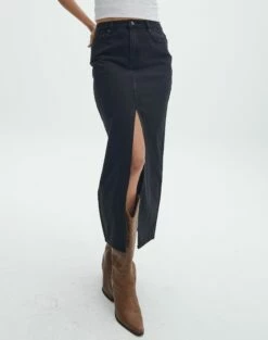 Split Front Denim Midi Skirt 34 Split Front Denim Midi Skirt -Glassons Store r roah denim maxi skirt washed black full sl118486rdnm