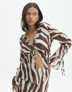Print Frill Split Tie Front Blouse -Glassons Store riley ruffle blouse umber zebra detail bl64192prt