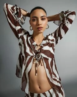 Print Ruffle Long Sleeve Blouse -Glassons Store riley ruffle blouse umber zebra front bl64192prt