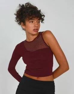 Long Sleeve Cut Out Ribbed Top -Glassons Store shae mesh mix one shoulder red chocolate front kl90238vn