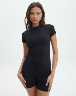 V Neck Collared Wide Rib Knit Dress 40 V Neck Collared Wide Rib Knit Dress -Glassons Store simon shortsleeve playsuit black front sw119476but 1