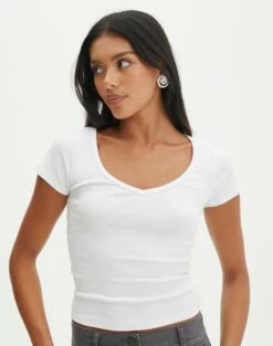 Cropped V Neck Tee -Glassons Store susu v neck top white front ts122528rib