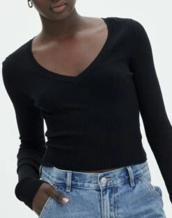 Ribbed V Neck Long Sleeve Knit -Glassons Store vance v neck black imageback kl79068vn