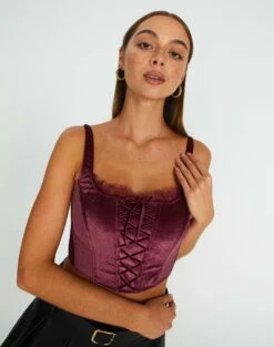 Velvet Tie Front Lace Trim Corset Top