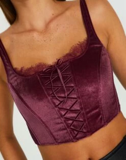 Velvet Tie Front Lace Trim Corset Top 18 Velvet Tie Front Lace Trim Corset Top -Glassons Store varna velvet bralette berry the hatchet imageback ut109831vel