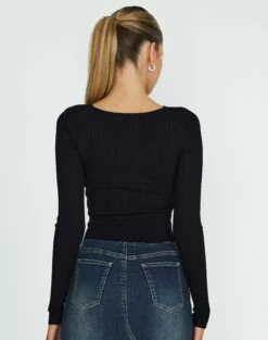 Twist Front Cut Out Long Sleeve Knit Top -Glassons Store volly varigated twist knit black back kl103057ve