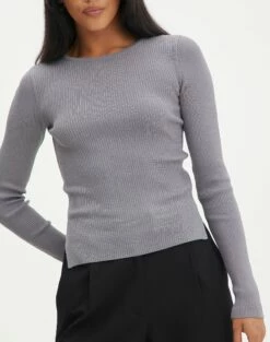 Ribbed Long Sleeve Split Side Knit -Glassons Store wilber wide neck keep your coal imageback kl124045vn