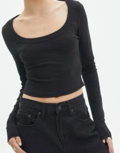Cotton Scoop Neck Long Sleeve Top 25 Cotton Scoop Neck Long Sleeve Top -Glassons Store wylie wide rib scoop black imageback tl53892prib