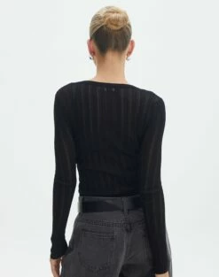 Sheer Ribbed Long Sleeve Knit Top -Glassons Store zara sheer crepe crew black back kl89942sc
