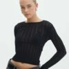 Sheer Ribbed Long Sleeve Knit Top -Glassons Store zara sheer crepe crew black front kl89942sc 10