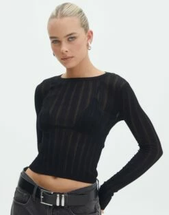 Sheer Backless Long Sleeve Crop Top 36 Sheer Backless Long Sleeve Crop Top -Glassons Store zara sheer crepe crew black front kl89942sc 3